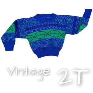 Vintage 90s Toddler Boys Football Green and Blue Color Block Knit Sweater 2T